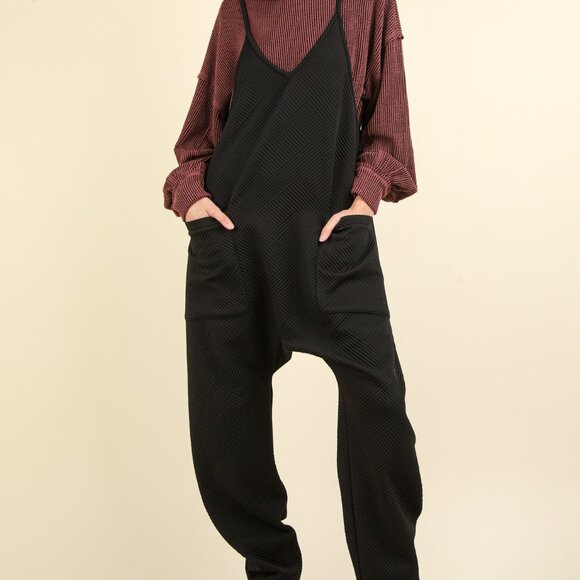 Pants - B44 Quilted Loose Fit Casual Baggy Knit Jumpsuit Black NEW